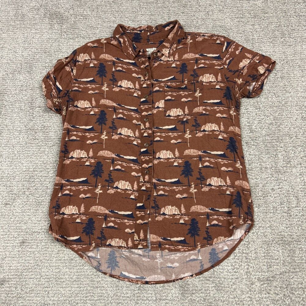 Bridge & Burn Shirt Womens Small Brown Blue Trees Rayon Short Sleeve